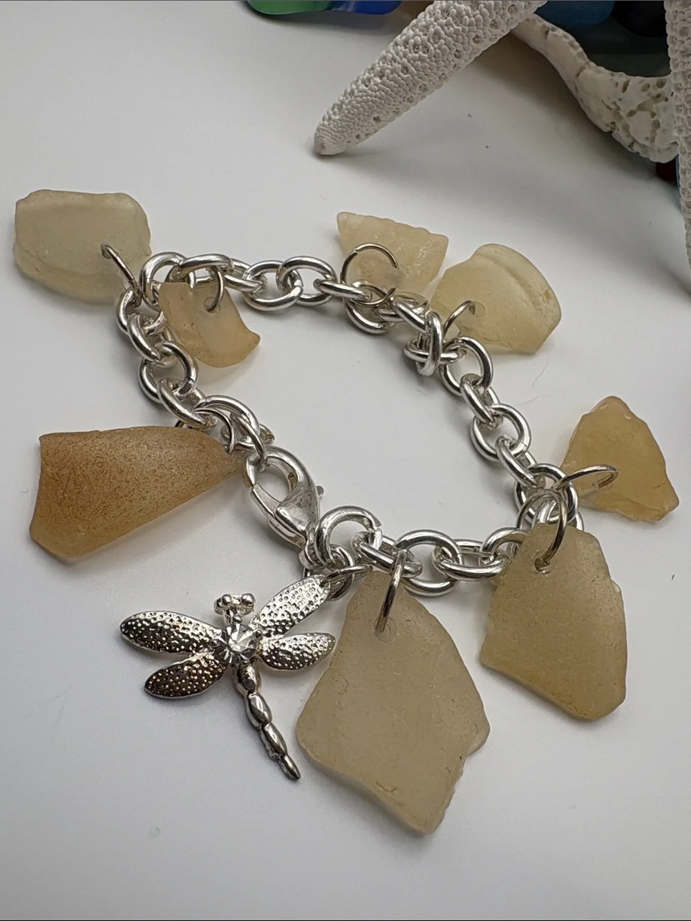 Sea Glass Dragonfly Charm Bracelet - Cream/Tan